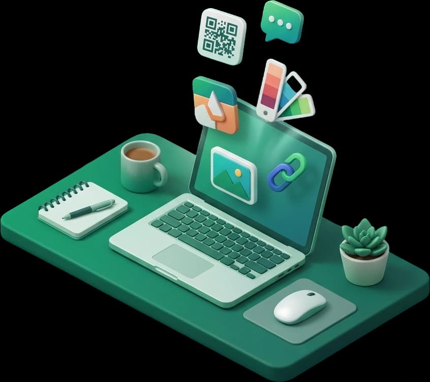 An illustrated desk with a laptop and small tools floating out of the screen